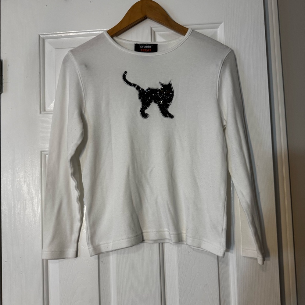 Vintage Studio Treat PM Sequin Black Cat Halloween Long Sleeve T-Shirt 0561